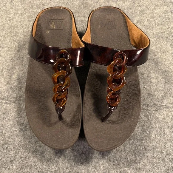 FitFlop Sandals Shoes Womens Size 9 Brown Thong Wedge Comfort Chain Slip On - Picture 4 of 10